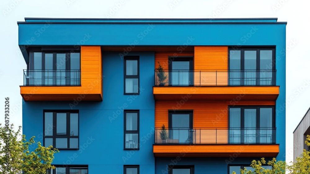 Modern apartment building with blue and orange facade. Modern apartment building with blue and orange facade.