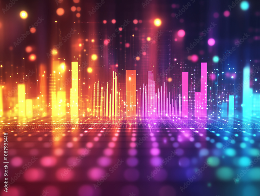 Colorful abstract sound wave representation with vibrant lights in a digital space at night Colorful abstract sound wave representation with vibrant lights in a digital space at night
