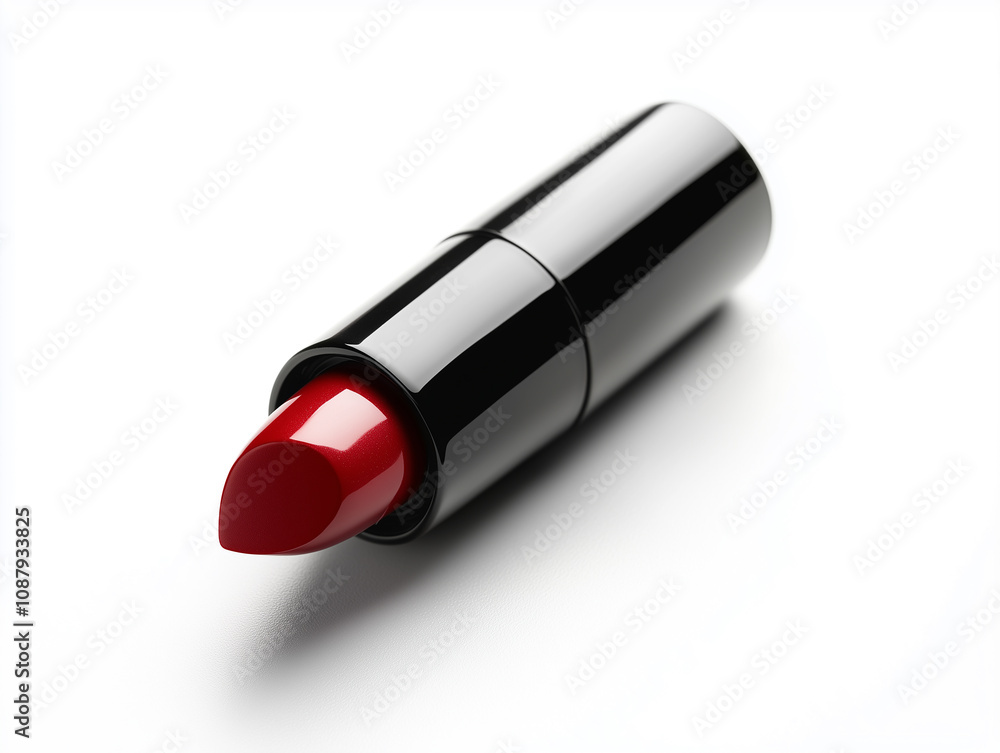 A vibrant red lipstick resting on a clean white surface showcases elegant beauty and style for any occasion A vibrant red lipstick resting on a clean white surface showcases elegant beauty and style for any occasion