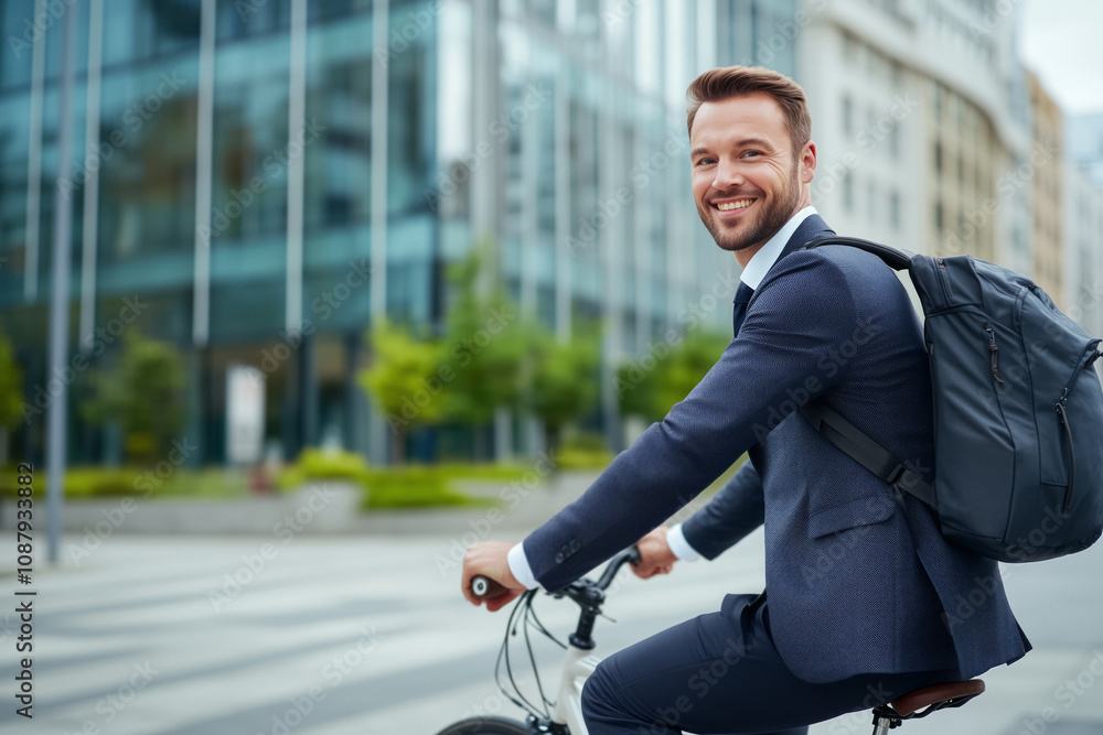 Businessman riding a bicycle to work in an urban environment, environmentally conscious to get around, active and healthy lifestyle Businessman riding a bicycle to work in an urban environment, environmentally conscious to get around, active and healthy lifestyle