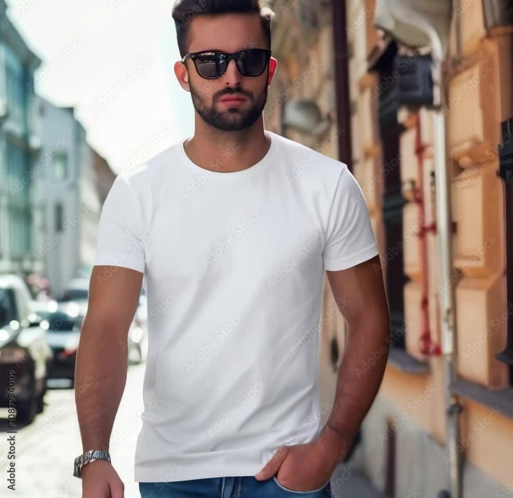 white t-shirt mockup, a young handsome man with sunglasses and a beard wearing a plain white blank t-shirt in the streets of Italy white t-shirt mockup, a young handsome man with sunglasses and a beard wearing a plain white blank t-shirt in the streets of Italy