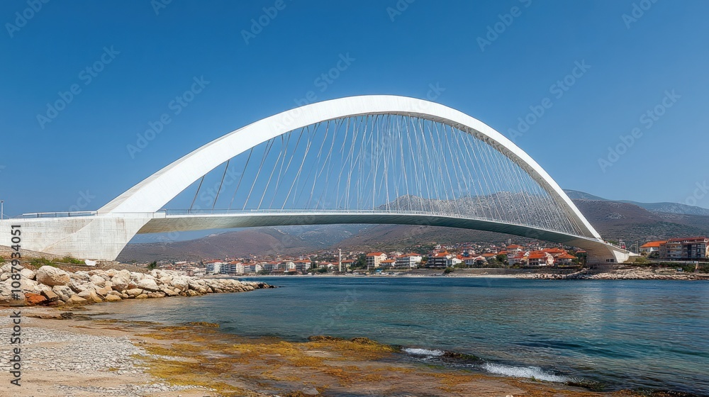 Fototapeta premium Modern arch bridge over a serene waterway.
