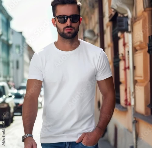 white t-shirt mockup, a young handsome man with sunglasses and a beard wearing a plain white blank t-shirt in the streets of Italy
