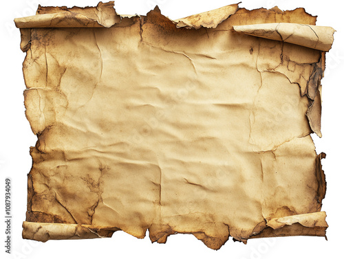 Ancient parchment scroll with a weathered texture and distinct aged appearance, perfect for crafting and historical themed projects photo