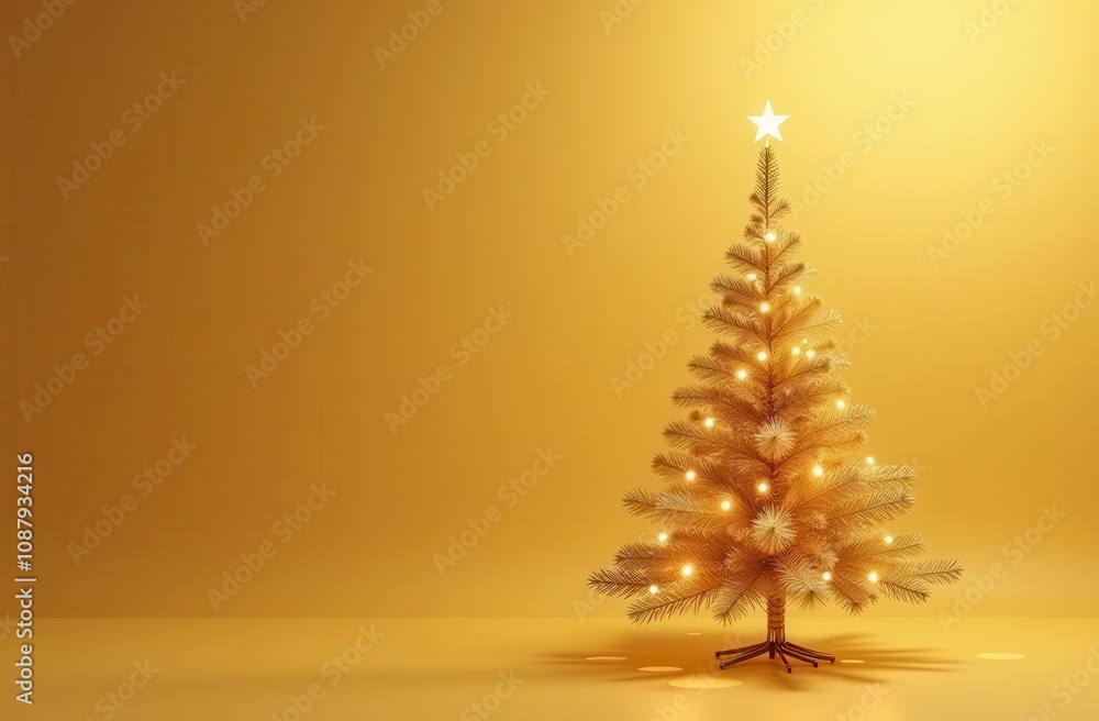 Glowing golden Christmas tree adorned with lights and a star topper on a yellow background, representing festive New Year vibes with space for text. Glowing golden Christmas tree adorned with lights and a star topper on a yellow background, representing festive New Year vibes with space for text.