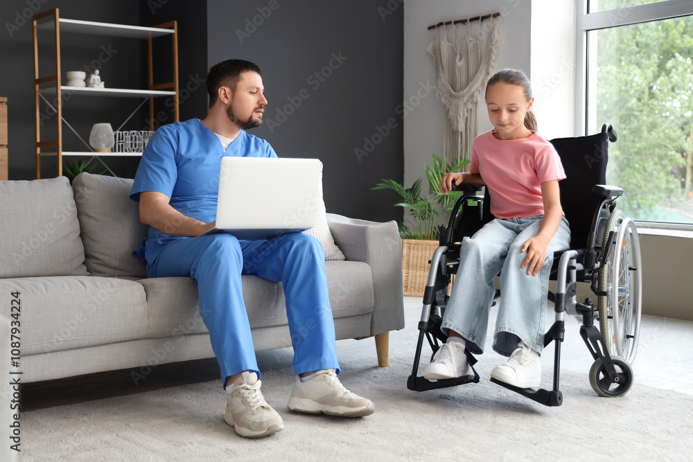 Little girl in wheelchair and nurse with laptop at home Little girl in wheelchair and nurse with laptop at home