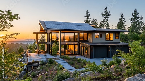 Modern home with solar panels at sunset, showcasing sustainable living.