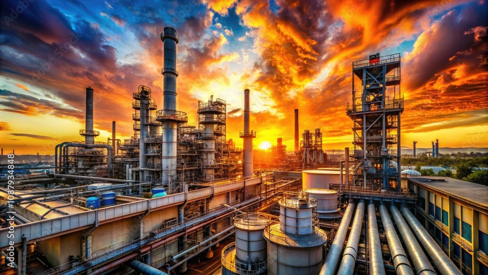 Stunning Wide-Angle Sunset View of an Industrial Complex with Chimneys and Refineries in Orange and Gold Hues Stunning Wide-Angle Sunset View of an Industrial Complex with Chimneys and Refineries in Orange and Gold Hues