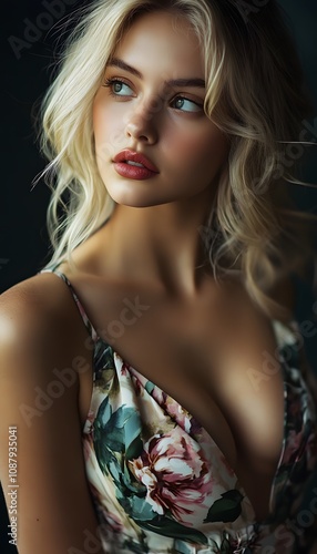 Wallpaper Mural Blonde woman in a romantic floral dress with a deep neckline Torontodigital.ca