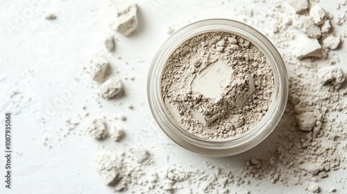 Natural cosmetic white clay powder in transparent jar with clay stones on white background ready for beauty applications