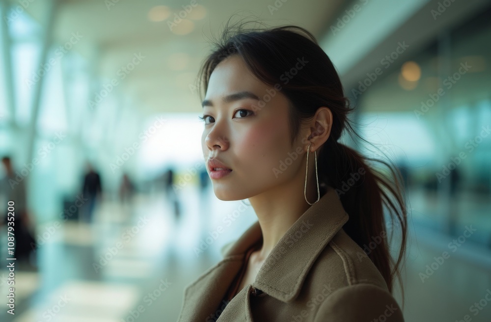Captivating moment of a young woman waiting in an airport during daylight Captivating moment of a young woman waiting in an airport during daylight