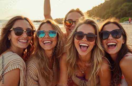 Five friends enjoying a sunny beach day, laughing and sharing joyful moments while wearing stylish sunglasses