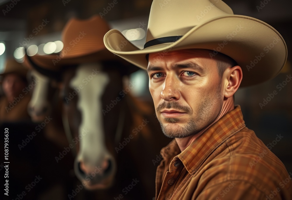 Confident cowboy gazes intently while surrounded by horses on a vibrant ranch Confident cowboy gazes intently while surrounded by horses on a vibrant ranch