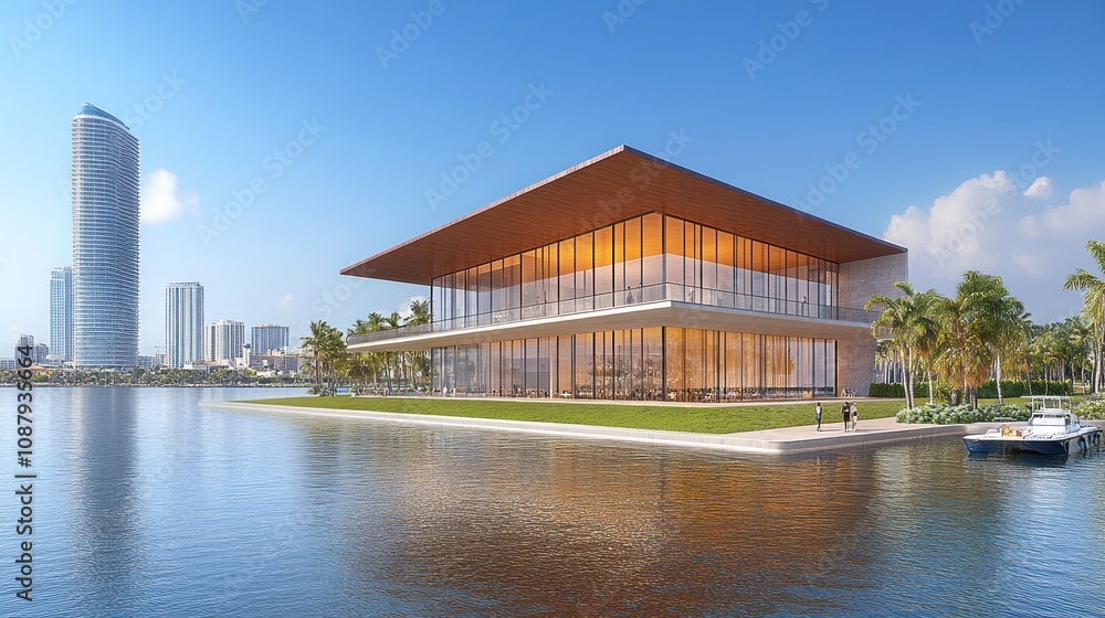 Fototapeta premium Modern architecture building with glass facade by the water with cityscape and palm trees in the background.