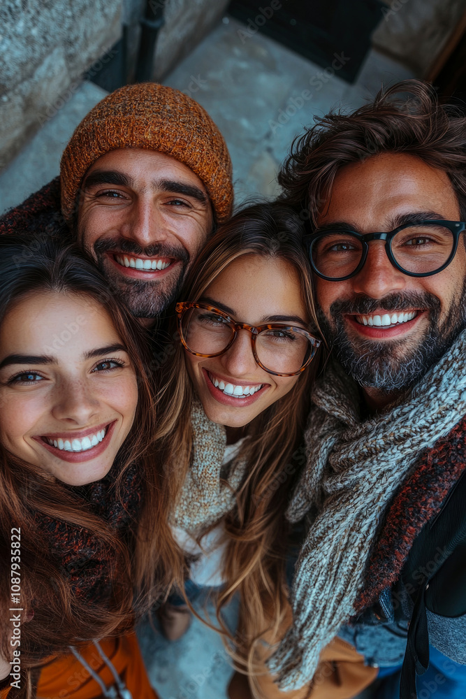 Four friends pose closely together, all wearing winter clothes and smiling brightly, enjoying each other's company in a picturesque outdoor setting Four friends pose closely together, all wearing winter clothes and smiling brightly, enjoying each other's company in a picturesque outdoor setting