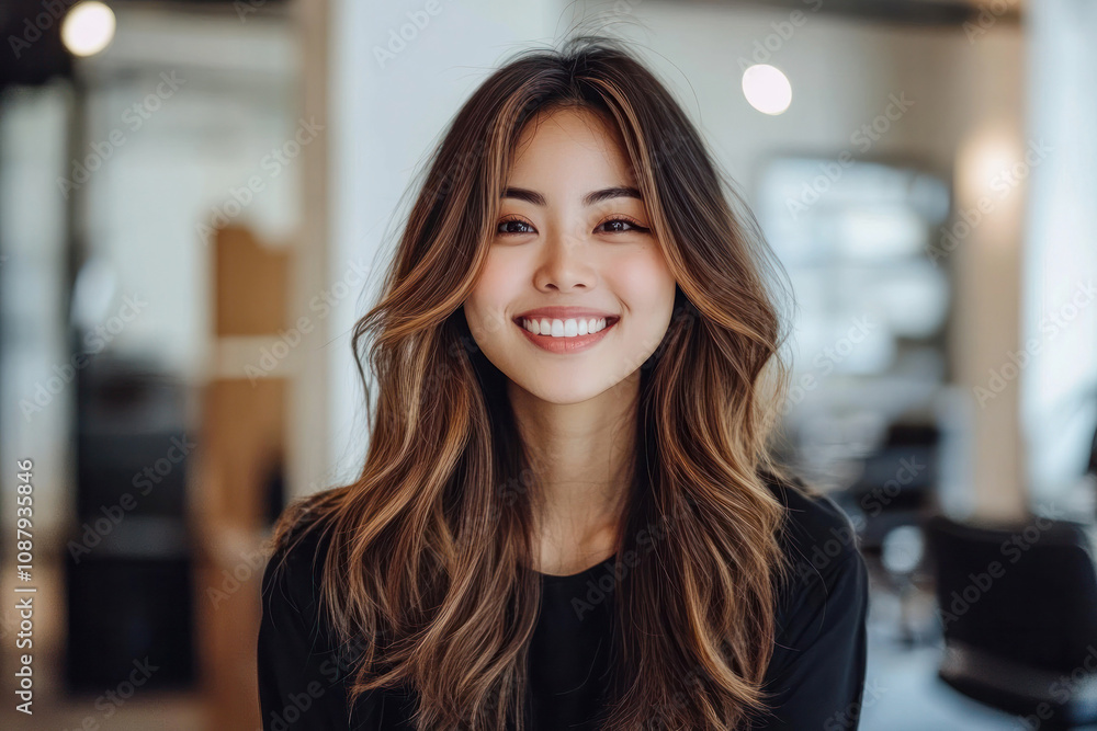 Happy Asian Woman With Coloured Balayage Hair Happy Asian Woman With Coloured Balayage Hair