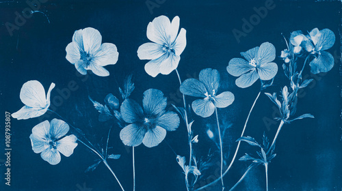 Vintage pressed cyanotype flowers background