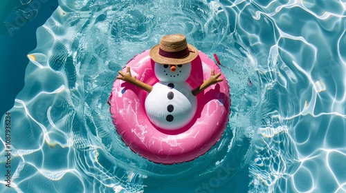 Inflatable Snowman Toy with Straw Hat in Sparkling Blue Swimming Pool, Summer Christmas photo