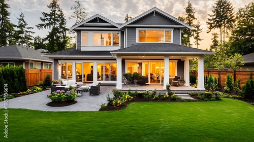 Modern colonial home exterior features a beautiful gray porch with a garden. New England house with a wall and yard. Exterior view a house with a porch and balcony.