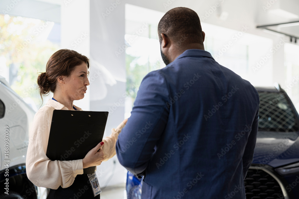 Car dealership salesperson showing product offerings on clipboard to client, making recommendations. Showroom agent presents financing options to african american customer Car dealership salesperson showing product offerings on clipboard to client, making recommendations. Showroom agent presents financing options to african american customer