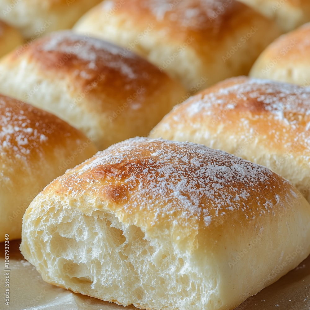 freshly baked golden brown rolls on a tray with a visible airy texture and flour dusting freshly baked golden brown rolls on a tray with a visible airy texture and flour dusting
