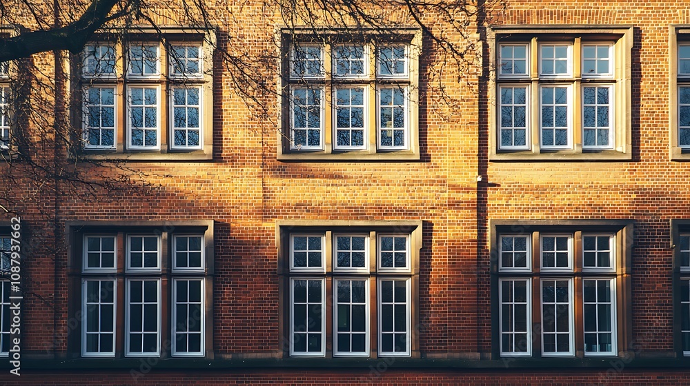 Fototapeta premium Traditional American school building with brick facade and large windows, reflecting classic architecture.