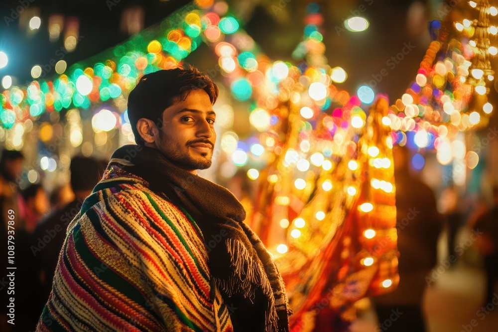 Young man basking in festival lights Young man basking in festival lights