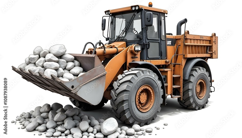 A large orange construction vehicle, a front-end loader, moving a pile of rocks and gravel. A large orange construction vehicle, a front-end loader, moving a pile of rocks and gravel.