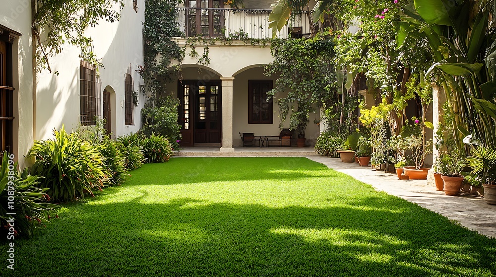 Charming courtyard with a freshly mowed lawn, creating a peaceful ambiance. Charming courtyard with a freshly mowed lawn, creating a peaceful ambiance.