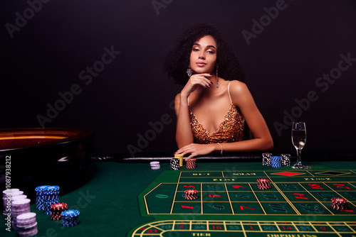 Canvas Print Photo of stunning lucky tempting girl dealer playing in casino private party nig