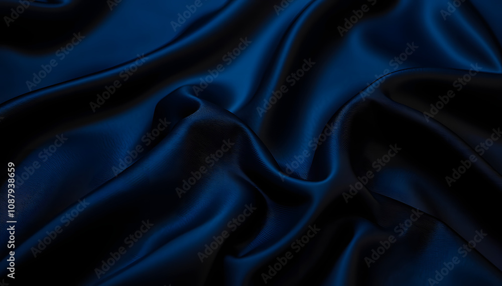 Fototapeta premium Black blue satin dark fabric texture luxurious shiny that is abstract silk cloth background with patterns soft waves blur beautiful, 8k