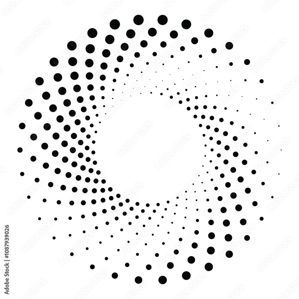 Black round halftone texture. Dotted radial swirl or tornado shape. Gradient circle. Pop art retro style. Black round halftone texture. Dotted radial swirl or tornado shape. Gradient circle. Pop art retro style.