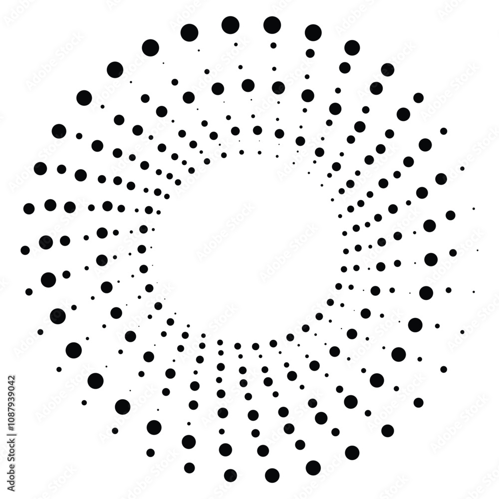 Black round halftone texture. Dotted radial swirl or tornado shape. Gradient circle. Pop art retro style. Black round halftone texture. Dotted radial swirl or tornado shape. Gradient circle. Pop art retro style.