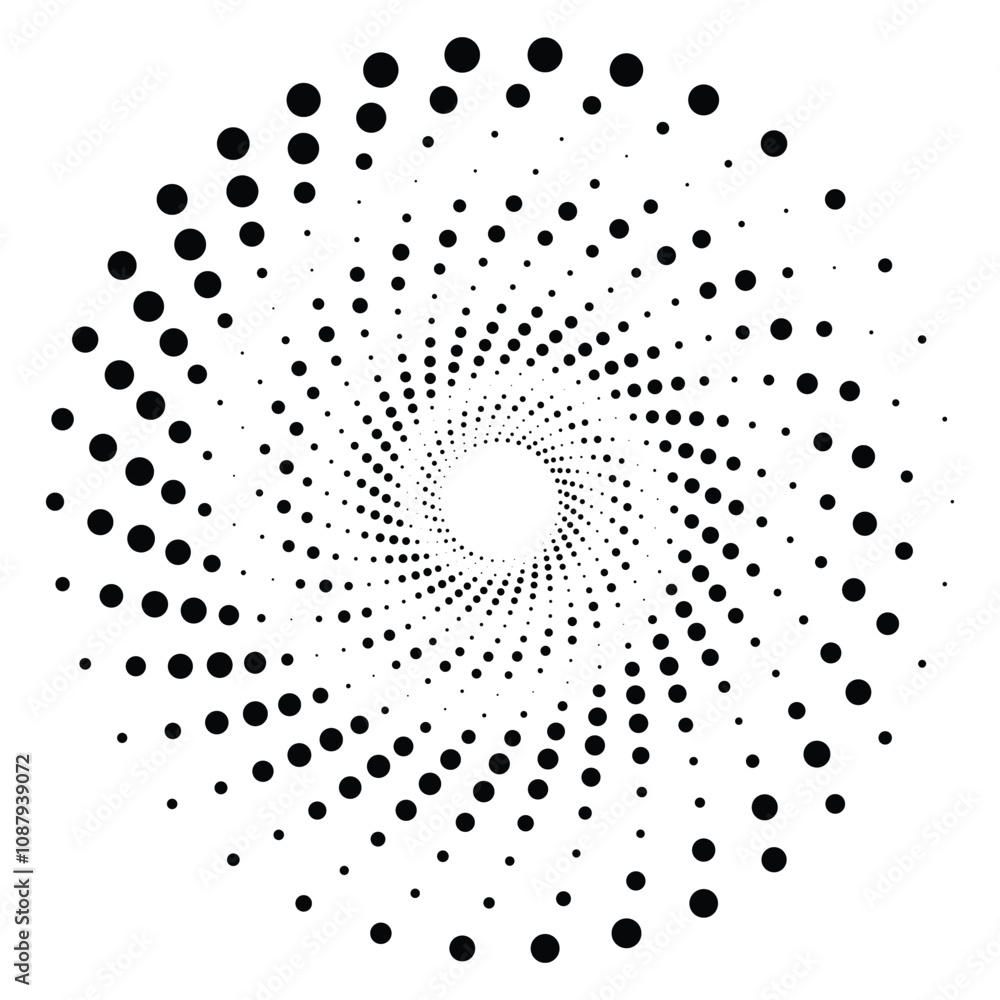 Black round halftone texture. Dotted radial swirl or tornado shape. Gradient circle. Pop art retro style. Black round halftone texture. Dotted radial swirl or tornado shape. Gradient circle. Pop art retro style.