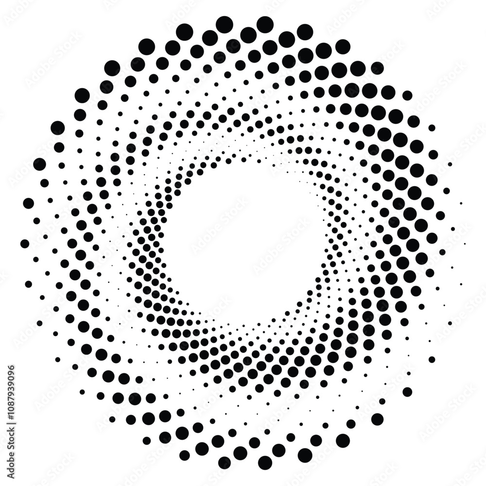 Black round halftone texture. Dotted radial swirl or tornado shape. Gradient circle. Pop art retro style. Black round halftone texture. Dotted radial swirl or tornado shape. Gradient circle. Pop art retro style.
