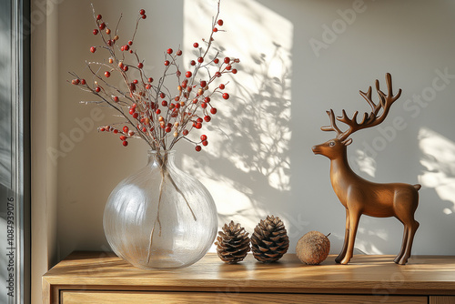 Fototapeta Naklejka Na Ścianę i Meble -  Figurka renifera i przeźroczysty wazon na kwiaty na komodzie