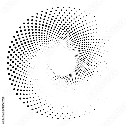 Black round halftone texture. Dotted radial swirl or tornado shape. Gradient circle. Pop art retro style.