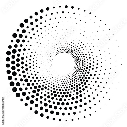 Black round halftone texture. Dotted radial swirl or tornado shape. Gradient circle. Pop art retro style.
