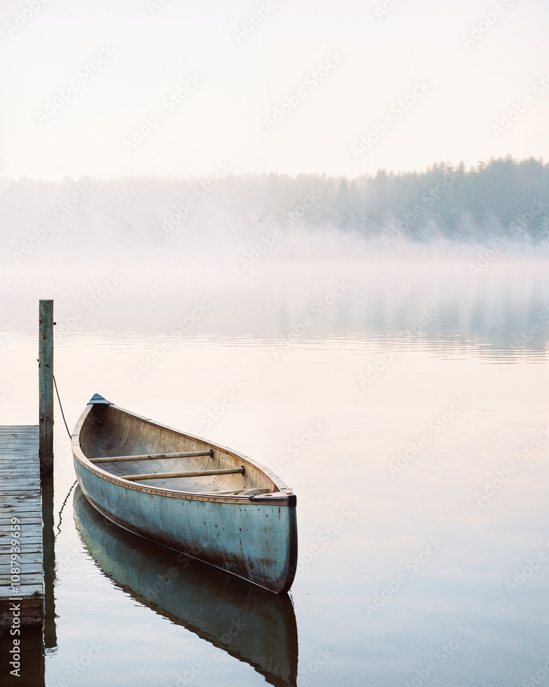 Obraz premium Solitary canoe on a misty lake at sunrise, symbolizing introspection and navigating life’s goals through calm reflection