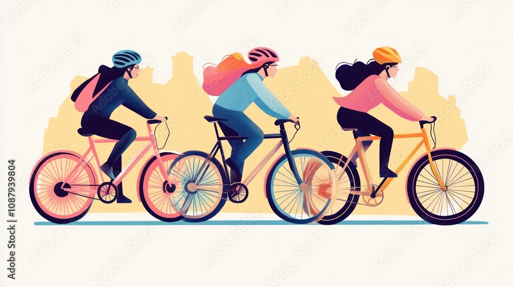 Fototapeta premium Three Women Cycling Through Cityscape: A Vibrant Illustration of Urban Cycling