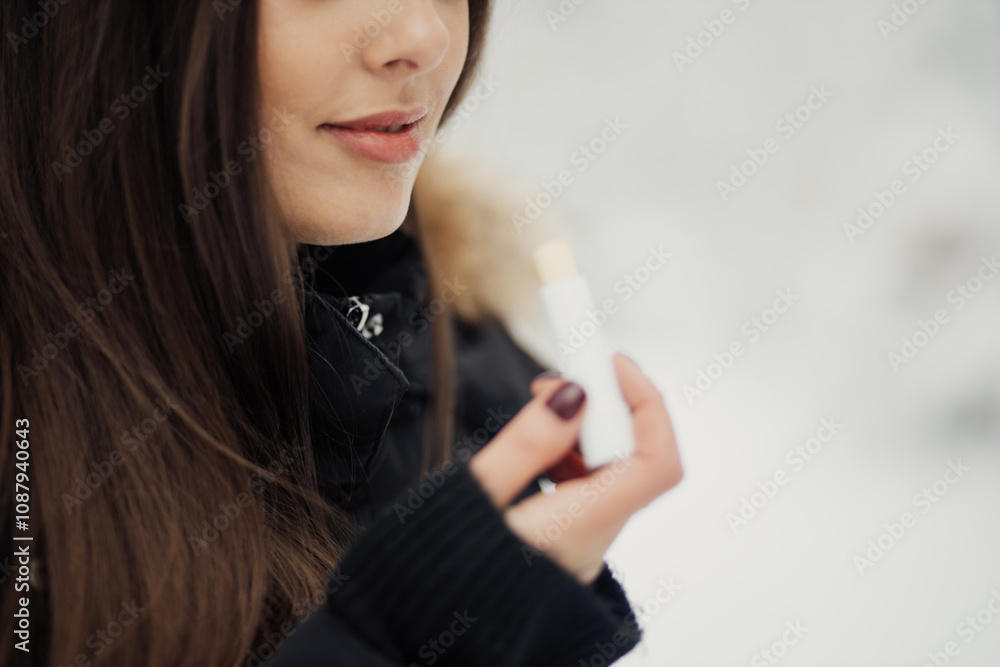 Close up images woman applying lipstick at winter day outdoor Close up images woman applying lipstick at winter day outdoor