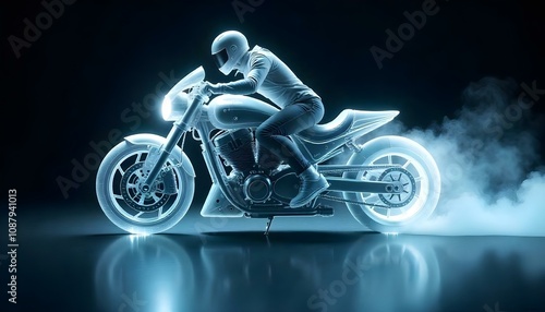 A high-speed motorcycle with a ghostly, transparent appearance against a dark background photo