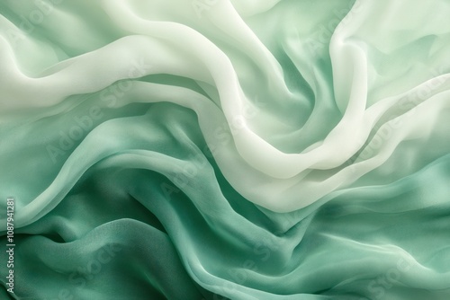 Abstract green and white fabric background with soft waves and folds.