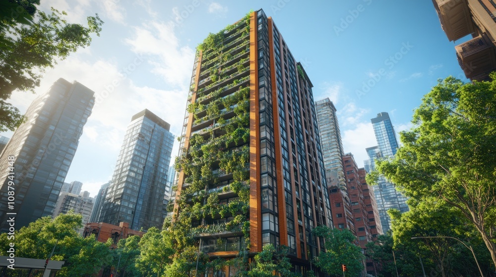 Obraz premium Modern building with vertical greenery in an urban setting.