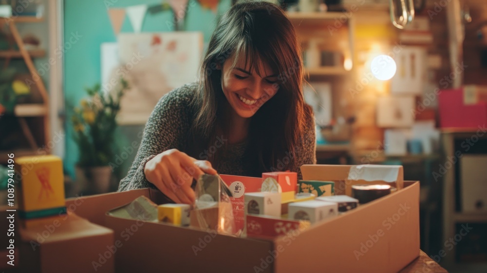 Fototapeta premium Smiling Woman Arranging Gift Boxes in Cozy Workshop