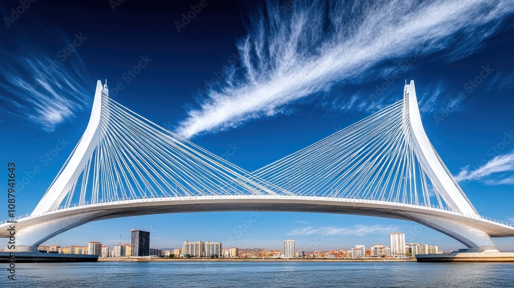 Obraz premium Modern cable-stayed bridge against a blue sky.