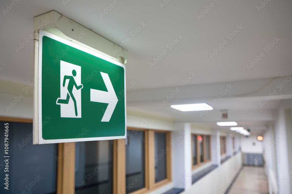 A green sign with a running man and an arrow pointing to the right. The sign is hanging from the ceiling in a hallway A green sign with a running man and an arrow pointing to the right. The sign is hanging from the ceiling in a hallway