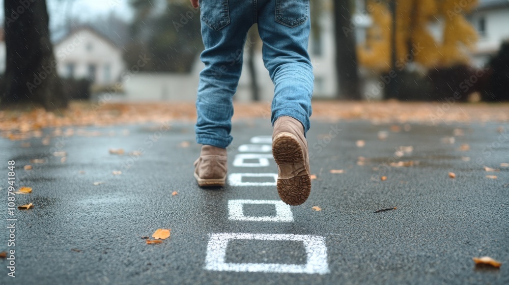 Child joyfully engaged in hopscotch on a rainy autumn day in the park, honing motor skills and balance Child joyfully engaged in hopscotch on a rainy autumn day in the park, honing motor skills and balance