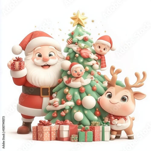 Cute Cartoon Christmas Characters with Tree   Gifts