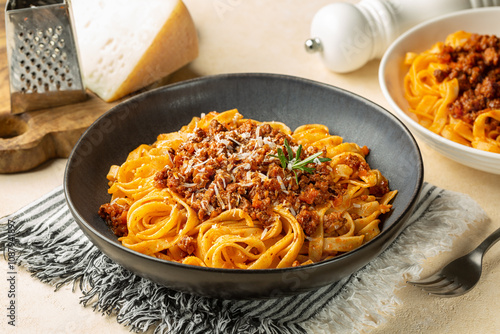 Fotografía Top view of plate with Tagliatelle al ragu  - long, flat egg pasta with a meat sauce or Bolognese sauce and parmesan cheese, served with rosemary